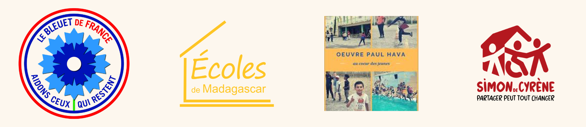 Logos des associations soutenues : Le Bleuet de France, Écoles de Madagascar, Œuvre Paul Hava, Simon de Cyrène